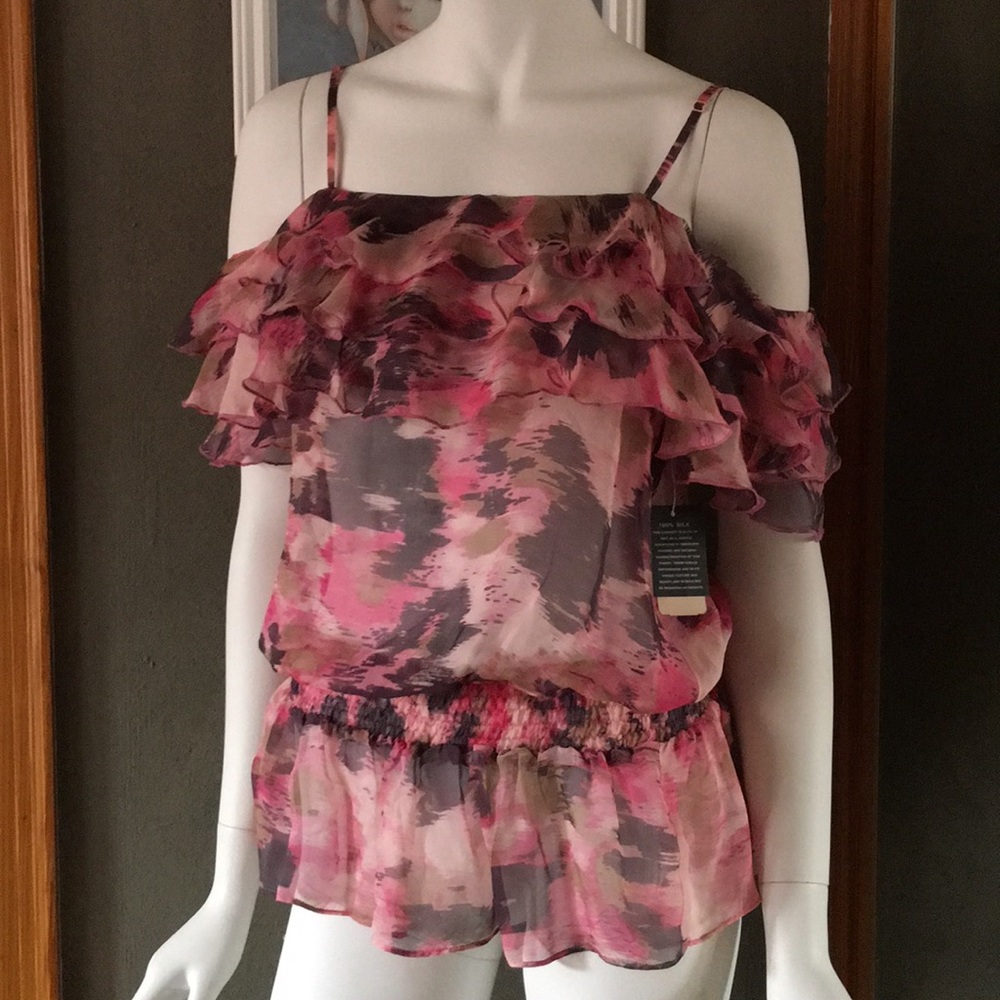 NWT 100% Silk Pink Gray Off-Shoulder Ruffle Top Small